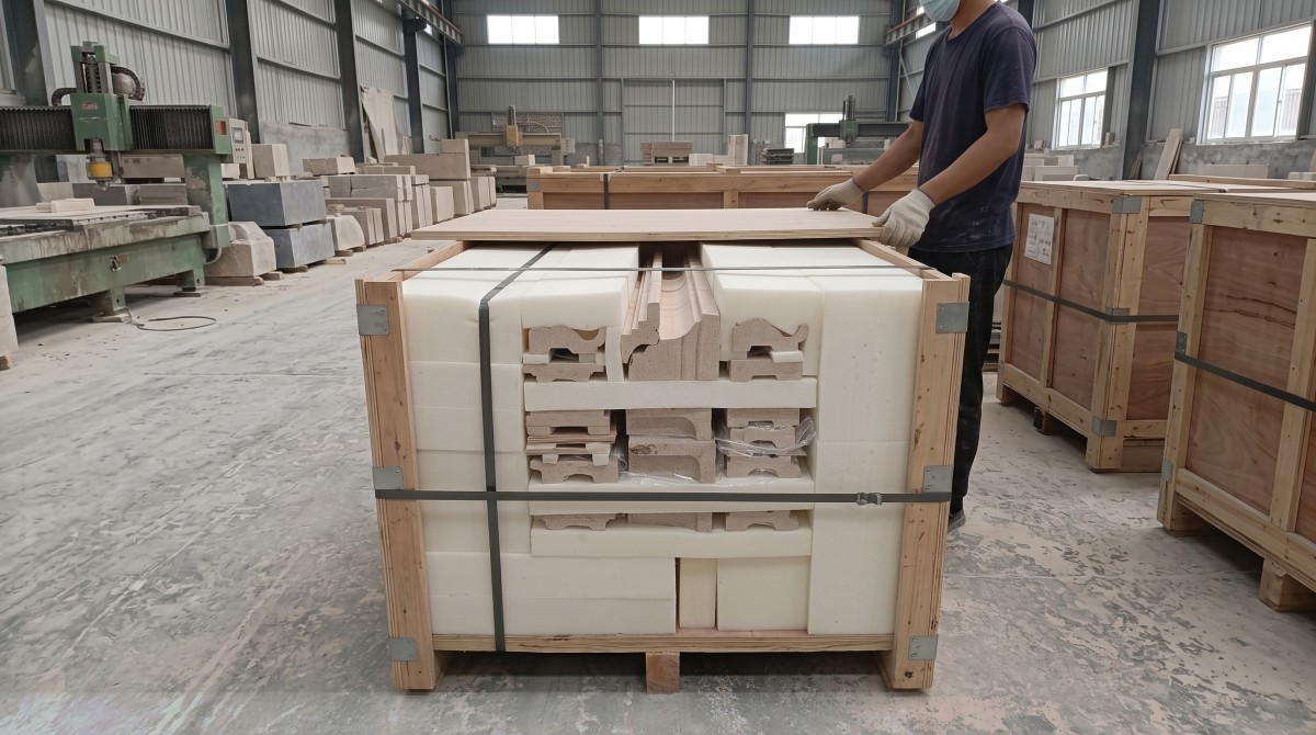 french-wood-grain-limestone-molding-export-packing Protected limestone molding and panel pieces packed in an export wooden crate