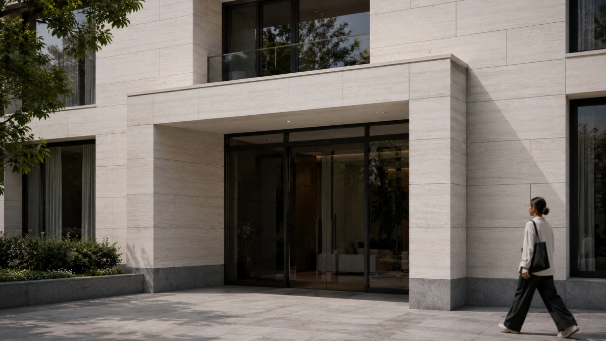 french-wood-grain-limestone-commercial-entrance-facade Concept visualization of a contemporary commercial entrance clad with French Wood Grain Limestone panels
