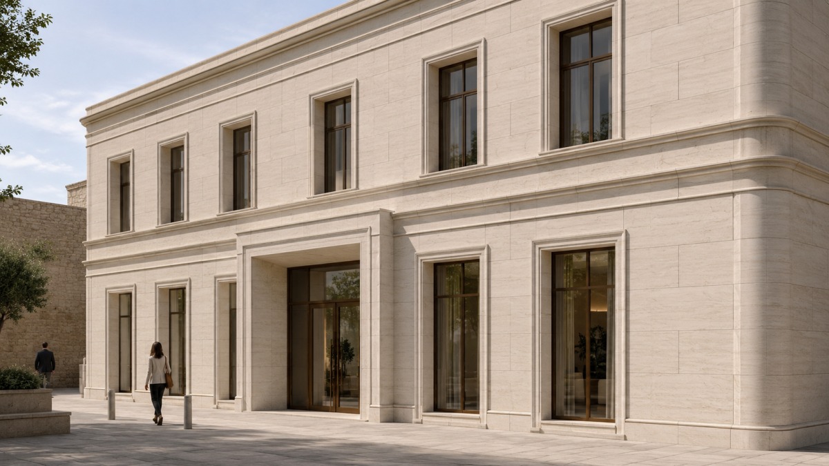 french-wood-grain-limestone-molded-hospitality-facade Concept visualization of French Wood Grain Limestone molded window surrounds, facade bands and cornice