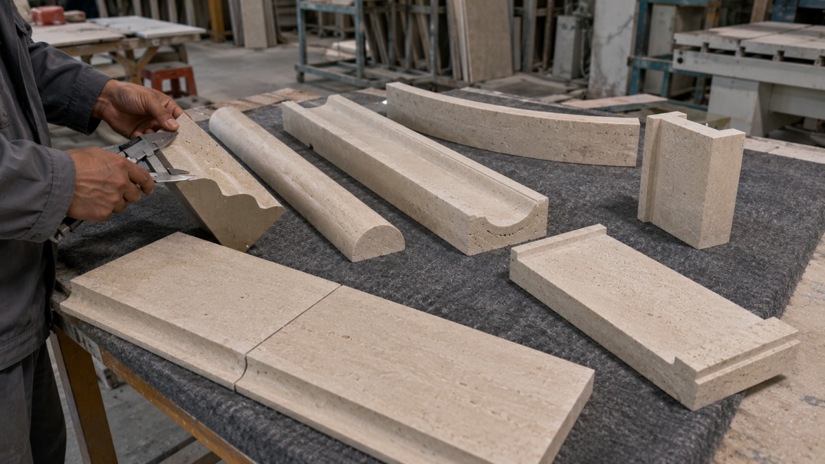 custom-shaped-stone-hotel-fabrication Custom shaped stone profiles curved pieces returns and stair components for hotel fabrication