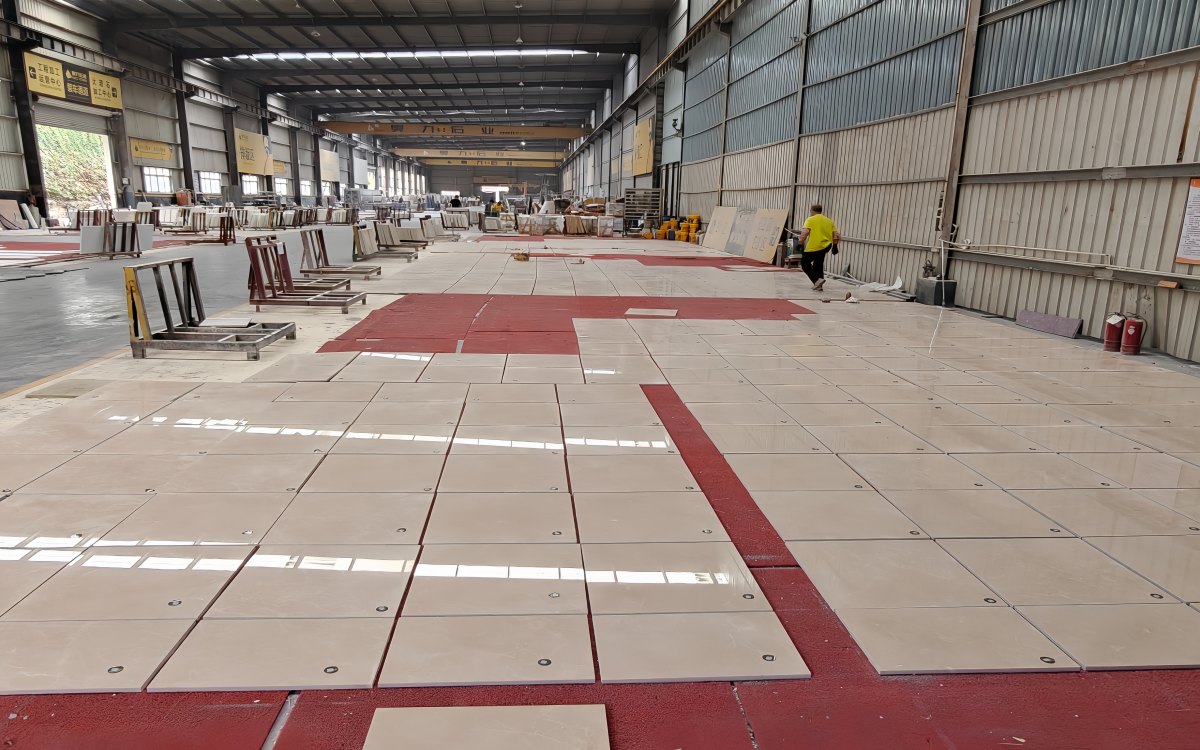 hotel-stone-dry-layout-before-packing Natural stone panels arranged in factory dry layout before hotel project packing