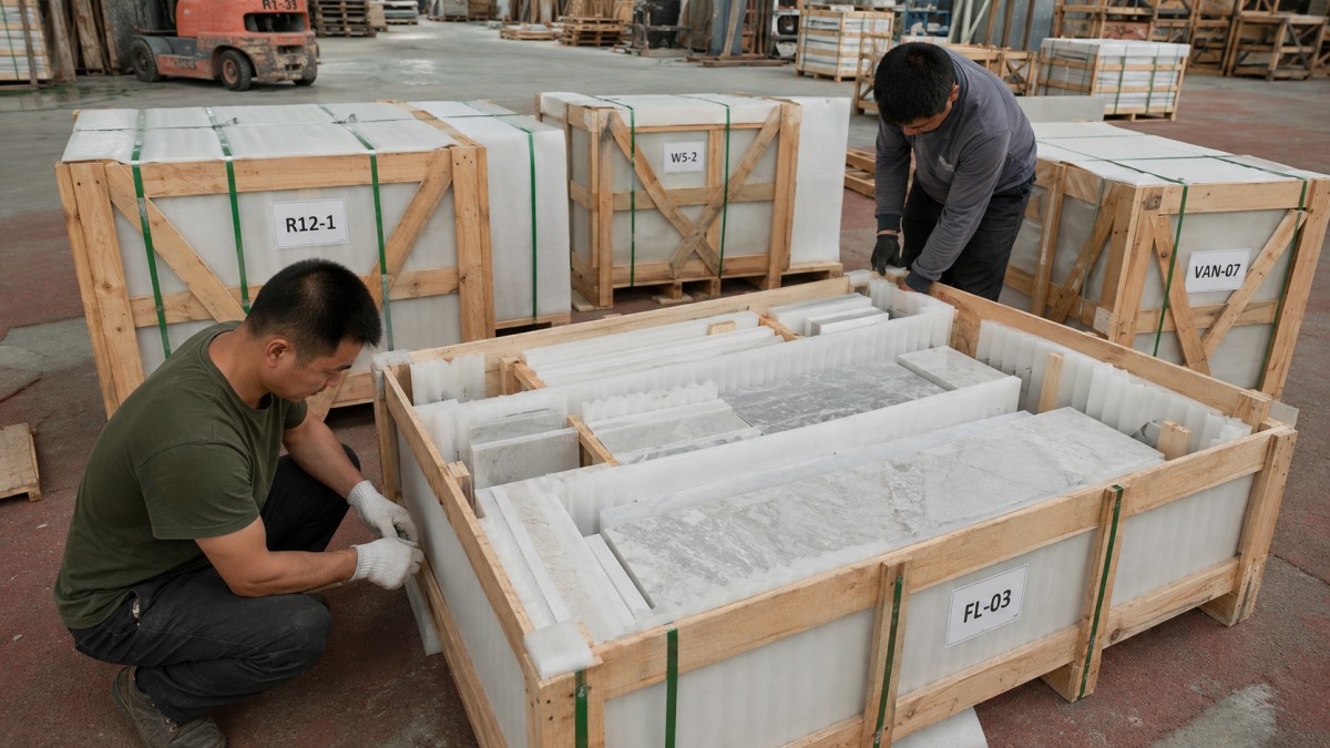 hotel-stone-packing-by-room-and-floor Hotel cut-to-size stone packed and grouped by room floor and installation area