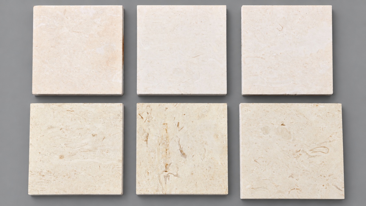 limestone-range-approval-representative-set-aoli-stone Representative limestone range set showing natural differences in background tone, fossil distribution and pores before production approval