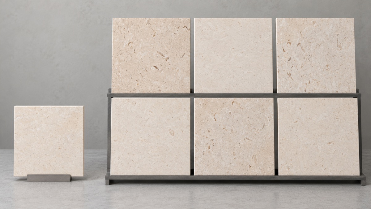 one-limestone-sample-vs-range-approval-concept Illustration comparing one limestone sample with a representative natural stone range for project approval